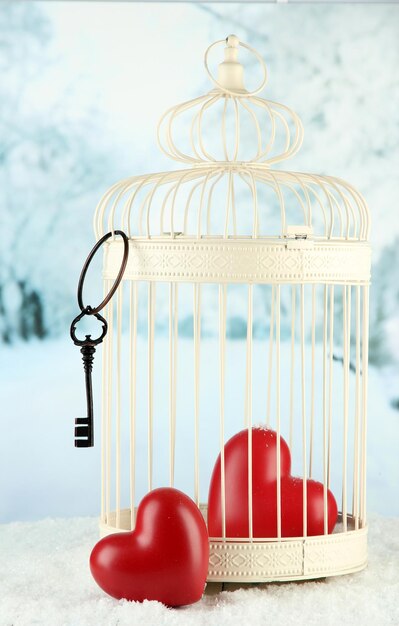 Сердца в декоративной клетке на зимнем фоне