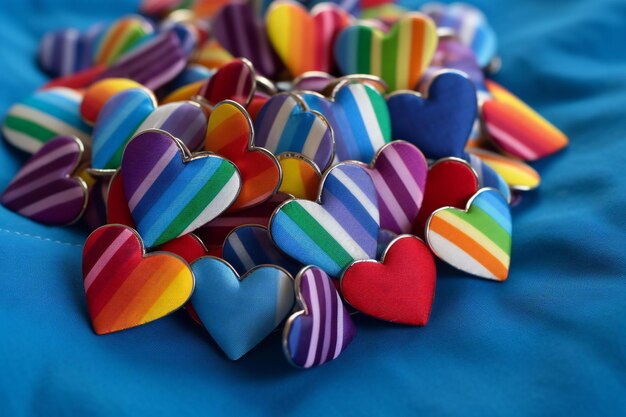 Photo hearts of different colors on a blue background closeup