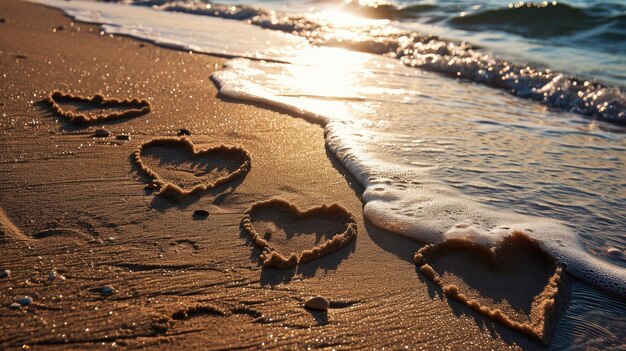 Photo hearts drawn in sand on a beach