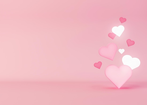 Hearts flying on pink background. Valentine's Day backdrop with free space for text, copy space. Postcard, greeting card design. 3D illustration. Love.