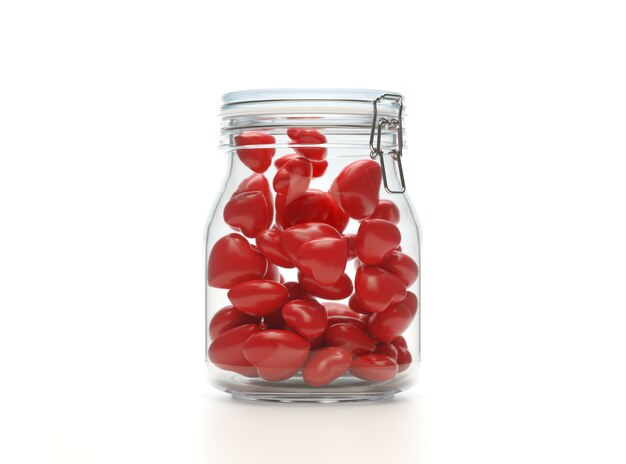 Hearts in glass jar isolated on white