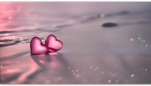 Photo hearts on a glass table with a pink bow in the background