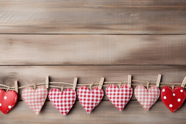 Hearts hanging on rope over wooden background Valentines day background