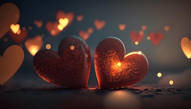 влюбленные сердца, день святого валентина, романтика, сердца посреди красивого фона, 3d визуализация