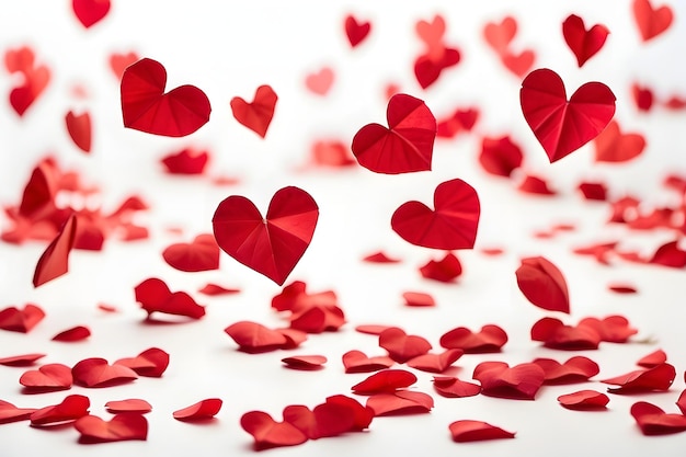 Hearts made of red paper floating hearts on white background