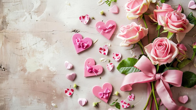 Hearts and roses on a pink Valentine39s Day background