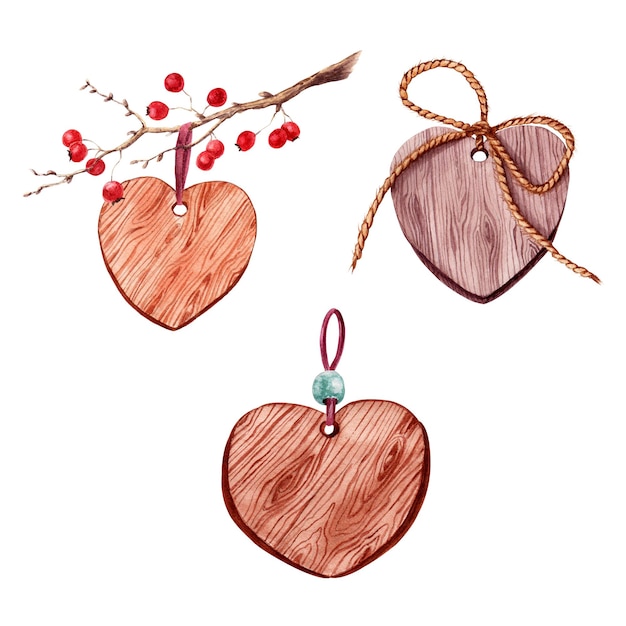 Hearts set with wood texture watercolor illustration