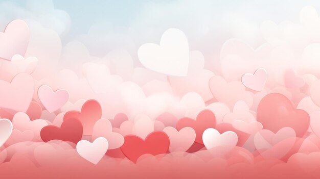 분홍색과 빨간색 색조의 심장은 부드러운 파스텔 분홍색 배경에 퍼져 있습니다. 발렌타인 데이와 사랑
