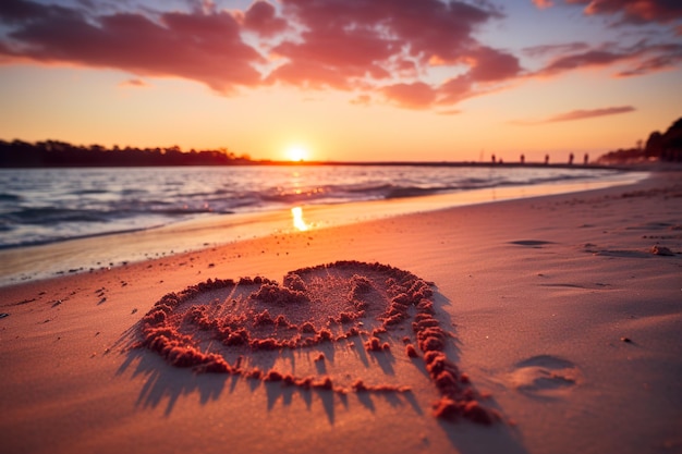 Photo hearts shape in the sand at the beach of sunset warm light