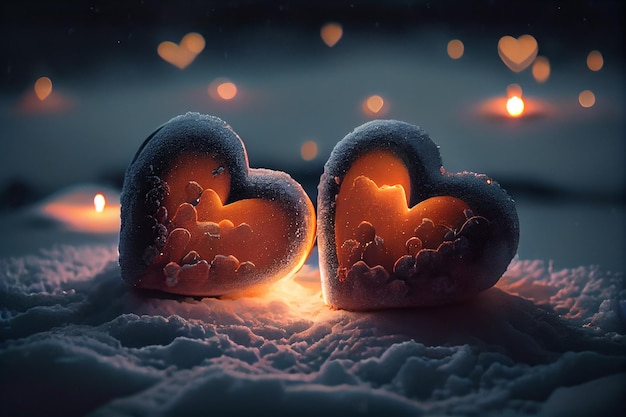 Hearts on snowy ground at night with candle backgroundgenerative ai