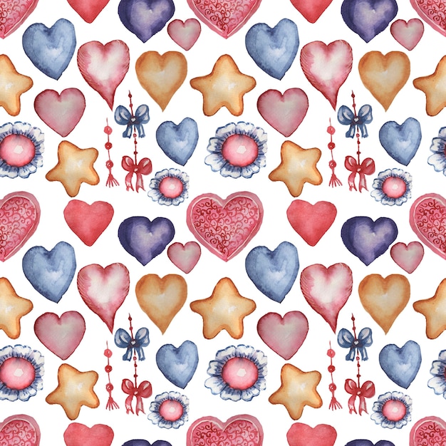 Hearts, stars, flower, snail watercolor hand-drawn illustration. Seamless pattern. Print, textiles. Vintage, retro. Red, orange blue color.