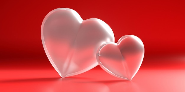 Hearts white glass on red background 3d illustration