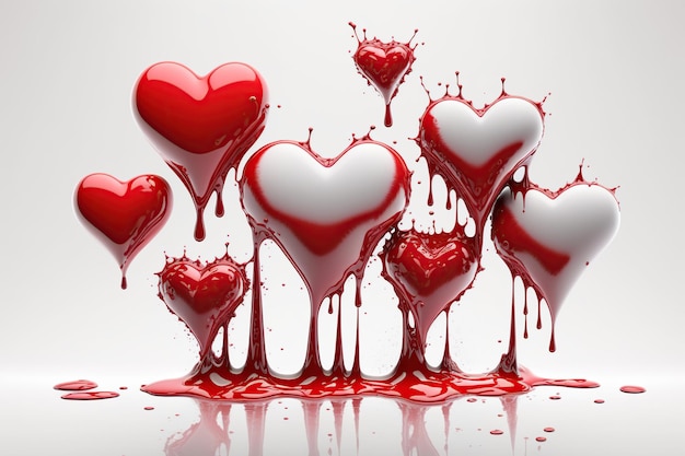 Hearts with red liquid splash on white background