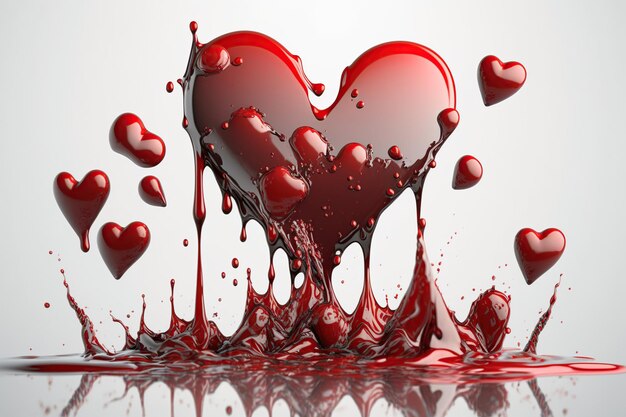 Hearts with red liquid splash on white background