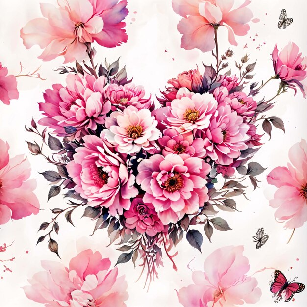 Heartshape watercolor illustration of flower arrangement bouquet pink multi flower