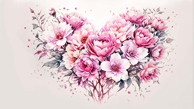심장 모양의 수채화 꽃 배열의 일러스트레이션 꽃받침 분홍색 다중 꽃
