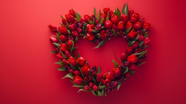 HeartShaped Arrangement of Red Tulips on Crimson Background