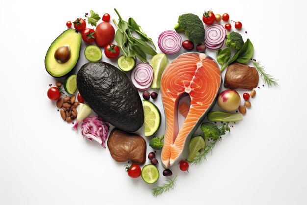 Photo a heartshaped arrangement of various fruits and vegetables