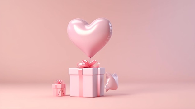 심장 모양의 풍선은 선물 상자에 의해 분홍색으로 생성 AI