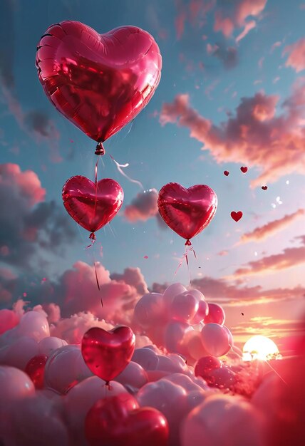 HeartShaped Balloons Amongst Clouds at Sunset