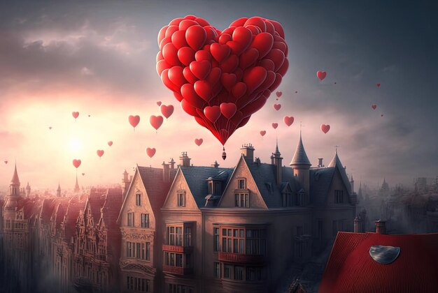 Heartshaped balloons are flying over the roofs of houses in the sky