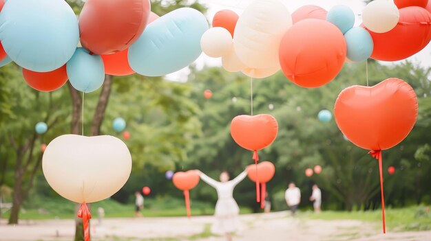 Photo heartshaped balloons floating above a surprise picnic in the park laughter and sunshine 43