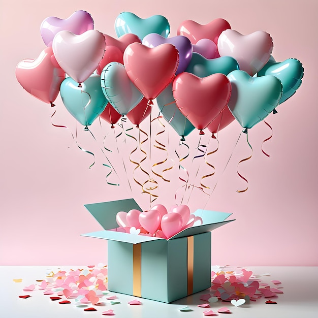 Heartshaped balloons and gift box