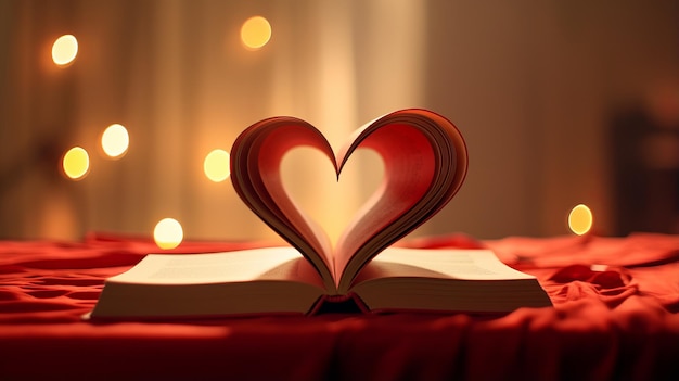 A heartshaped book resting on a bed