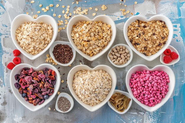 Heartshaped bowls filled with various healthy cereals nuts and seeds accompanied by fresh berries presented on a textured background