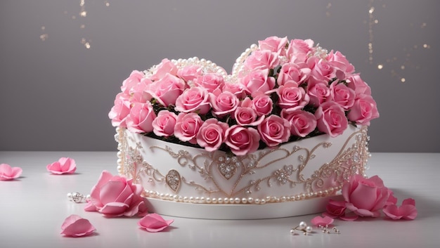 HeartShaped Box of Pink Roses and Pearls