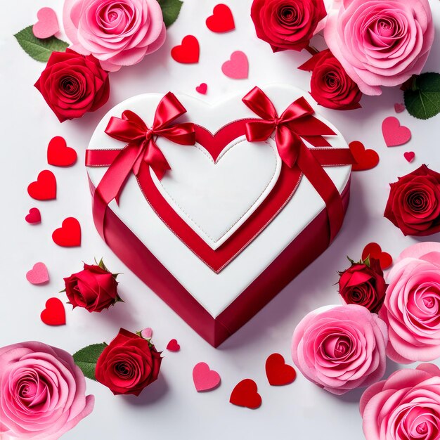 Коробка в форме сердца и розы Романтическая поздравительная открытка ко Дню святого Валентина на белом фоне Генеративный ИИ