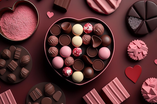 A heartshaped box with assorted chocolates and scattered candies