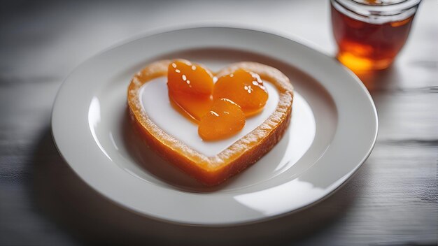 Foto torta a forma di cuore con marmellata di albicocche su un piatto bianco