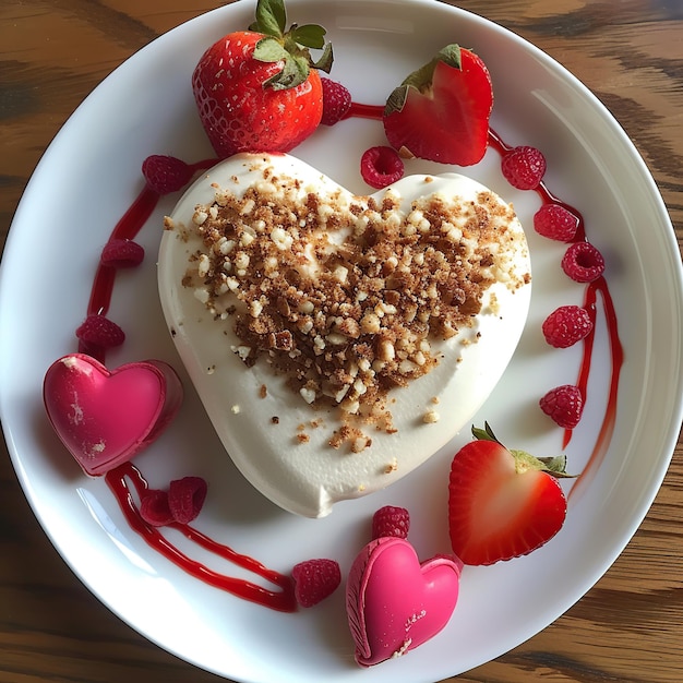 Heartshaped cake with strawberries on a white plate on a wooden background