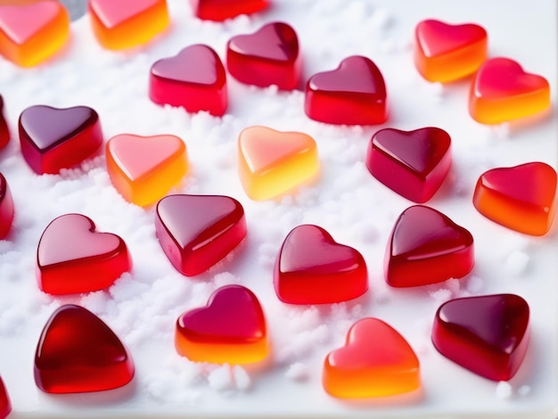 Фото Сердечные конфеты красные жевательные сердца на белом зимнем снегу