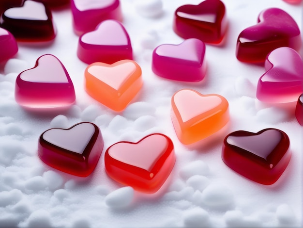心の形のキャンディー 赤いゴミ状の愛のハート 白い冬の雪の床の上にカップル 恋のバレンタイン