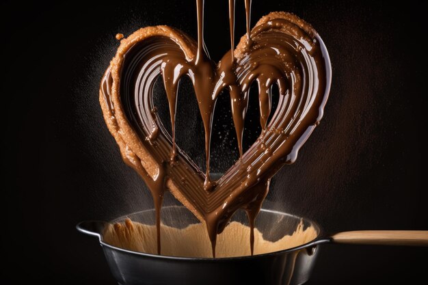 Foto churros a forma di cuore inzuppati in salsa di cioccolato caldo creata con l'ia generativa