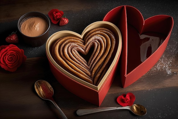 Heartshaped churros in a heartshaped box perfect for valentines day created with generative ai