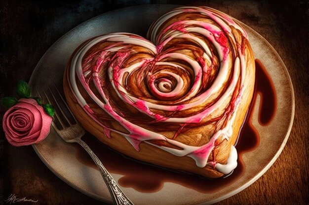 Foto rotolo alla cannella a forma di cuore con glassa spruzzata e vortici di glassa alla rosa creati con intelligenza artificiale generativa