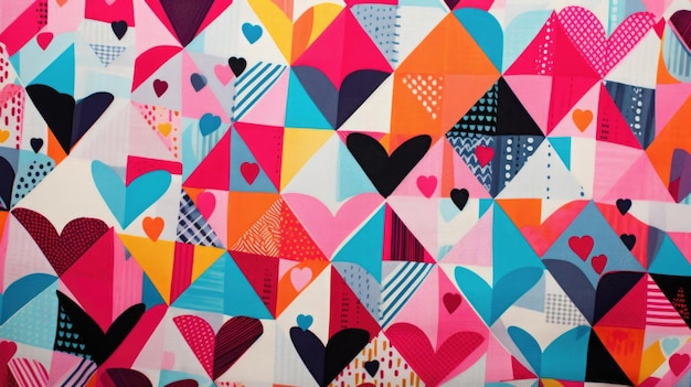 A heartshaped collage composed of geometric patterns and bright colors giving a modern and bold look