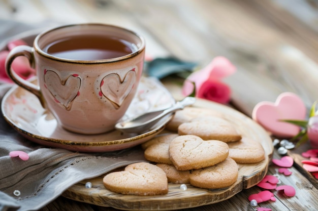 ハート形のクッキーとプレート上のお茶