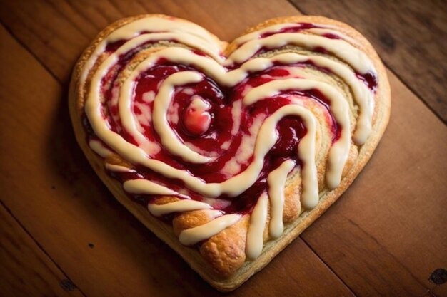 Heartshaped danish pastry with cherry or raspberry filling created with generative ai