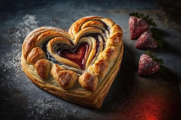 Heartshaped danish pastry with red berry jam filling created with generative ai