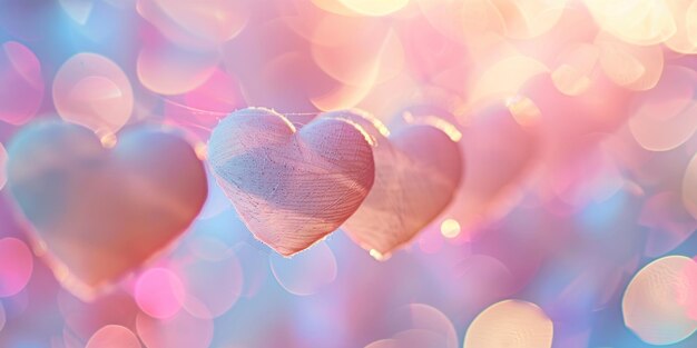 Photo heartshaped decorations suspended in a dreamy bokeh background