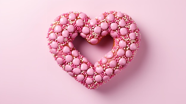 A heartshaped donut covered in white sprinkles and pink frosting in a solid pink backdrop Generative AI