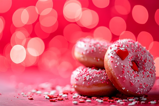 Heartshaped donuts for Valentines Day presented against a backdrop of red bokeh