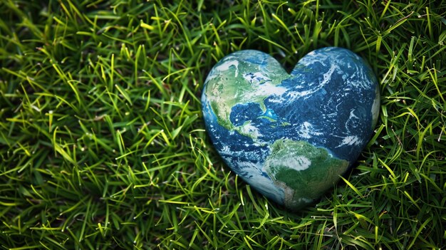 A heartshaped Earth rests on vibrant green grass