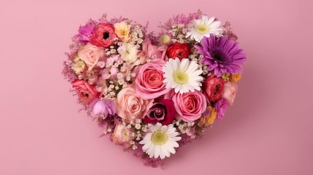 Heartshaped Flower Bouquet on Pink Background