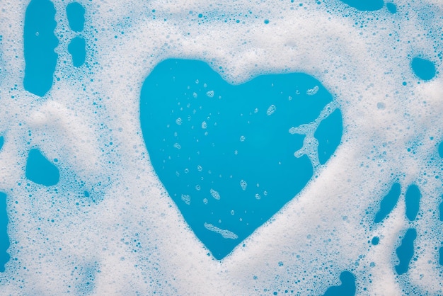 Heartshaped foam over blue water with copy space