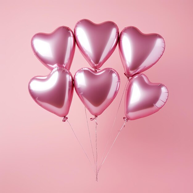 Heartshaped foil air balloons on pastel pink background